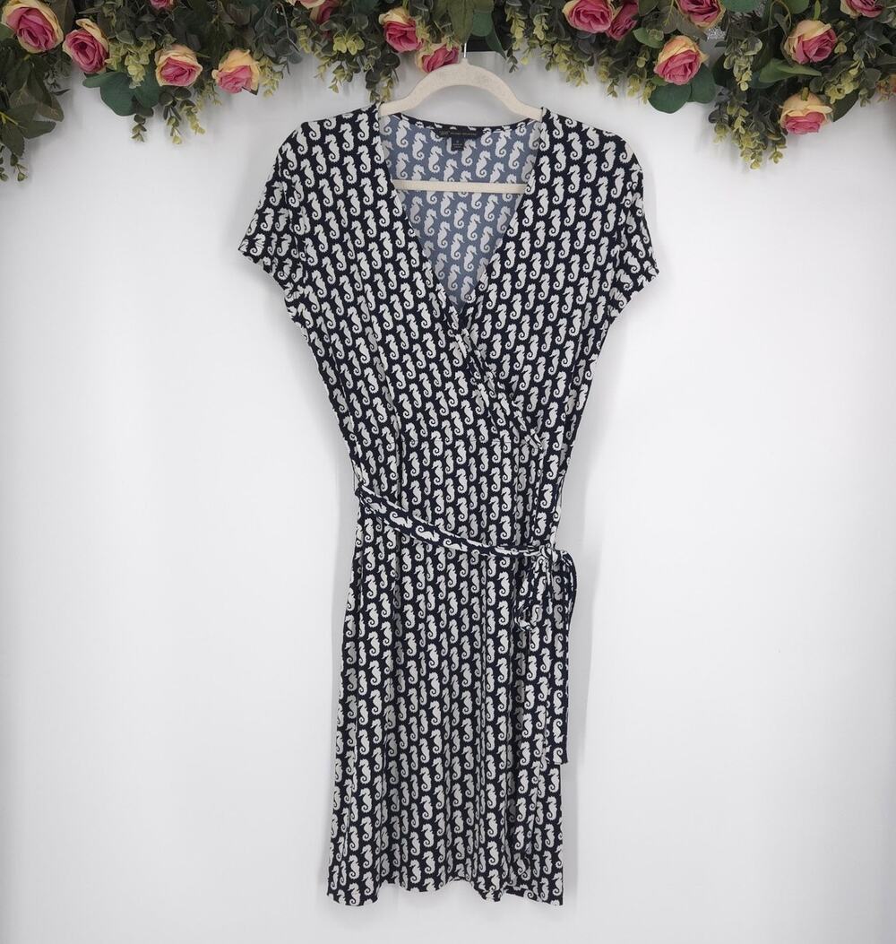 Brooks Brothers Navy Blue And White Seahorse Pattern Summer Wrap Dress Size S